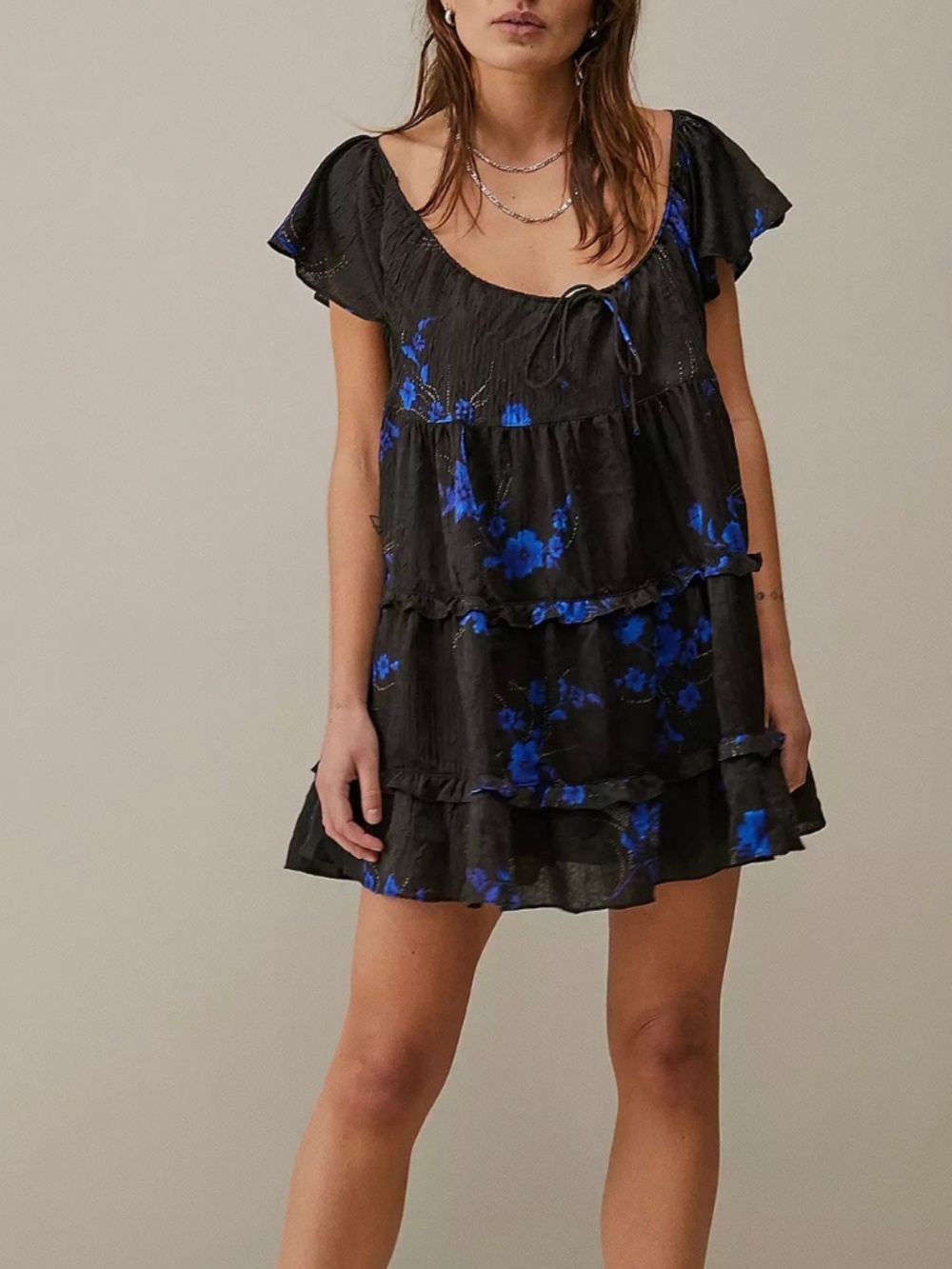Urban Outfitters Women’s Mini Dress Bea Black Blue Floral Tier Frock Size M-M